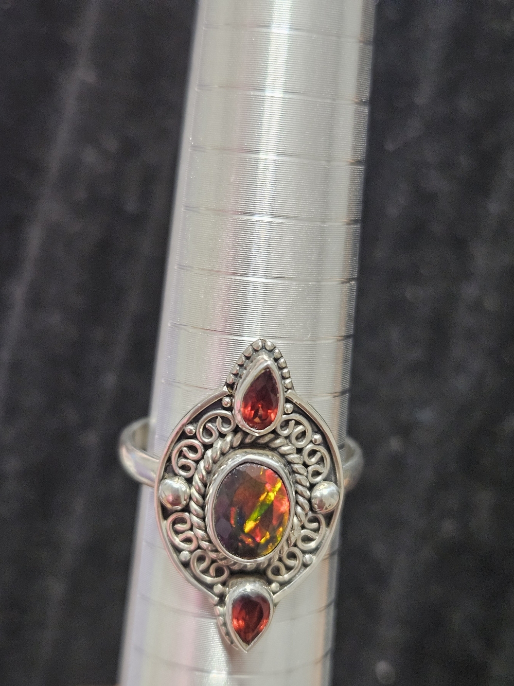 925S Black Fire Opal With Garnet Filigree Ring